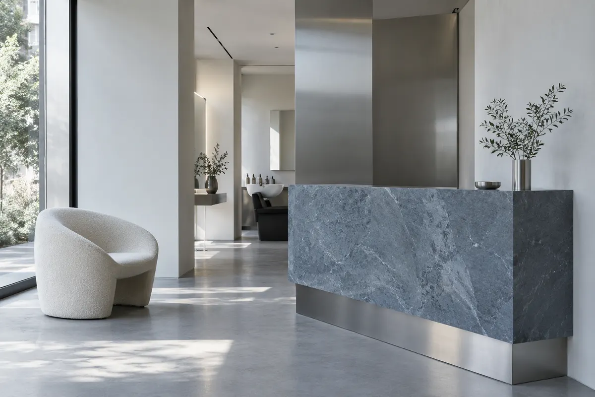 A calm salon interior with natural light, sculptural seating and a stone reception desk